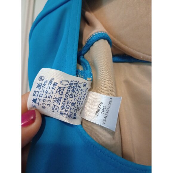 Lands End Blue One-Piece Swim Gold Accents & Ruched Front Womens Size 16 - Picture 5 of 11